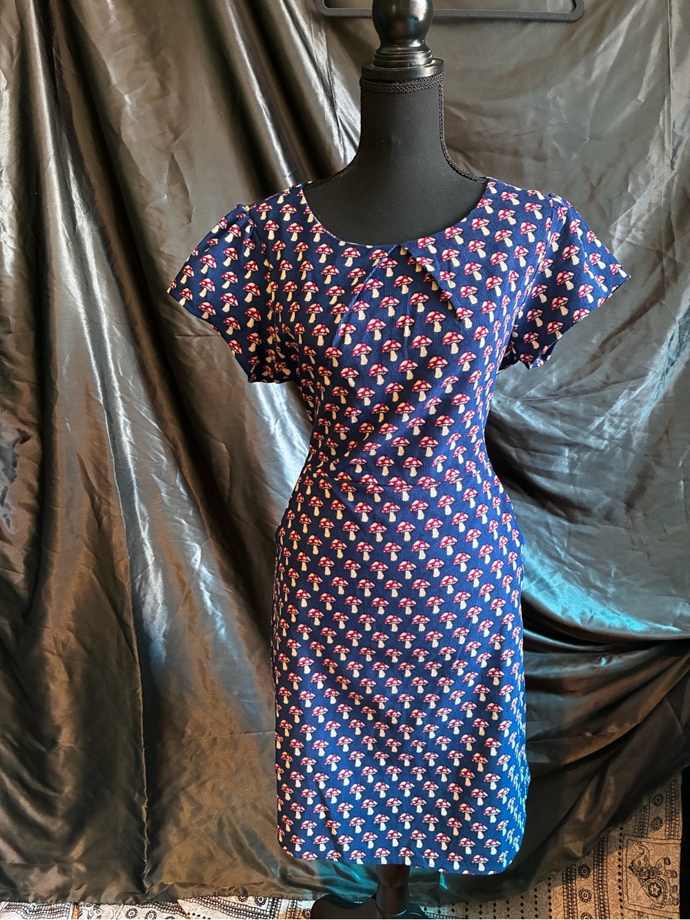 SM Wardrobe Mushroom Print Corduroy Dress Round Neckline, Size XL